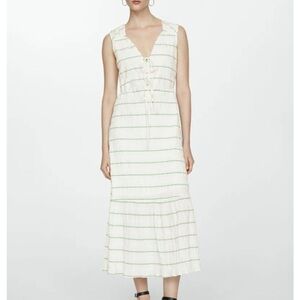 MANGO White and Green Striped Dress